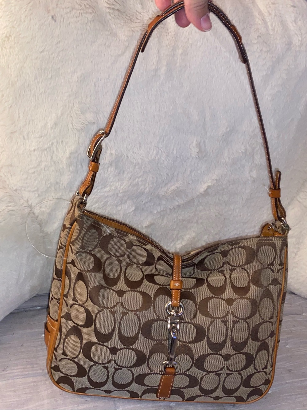Coach Brown Signature Monogram Shoulder Bag with Tan Trim